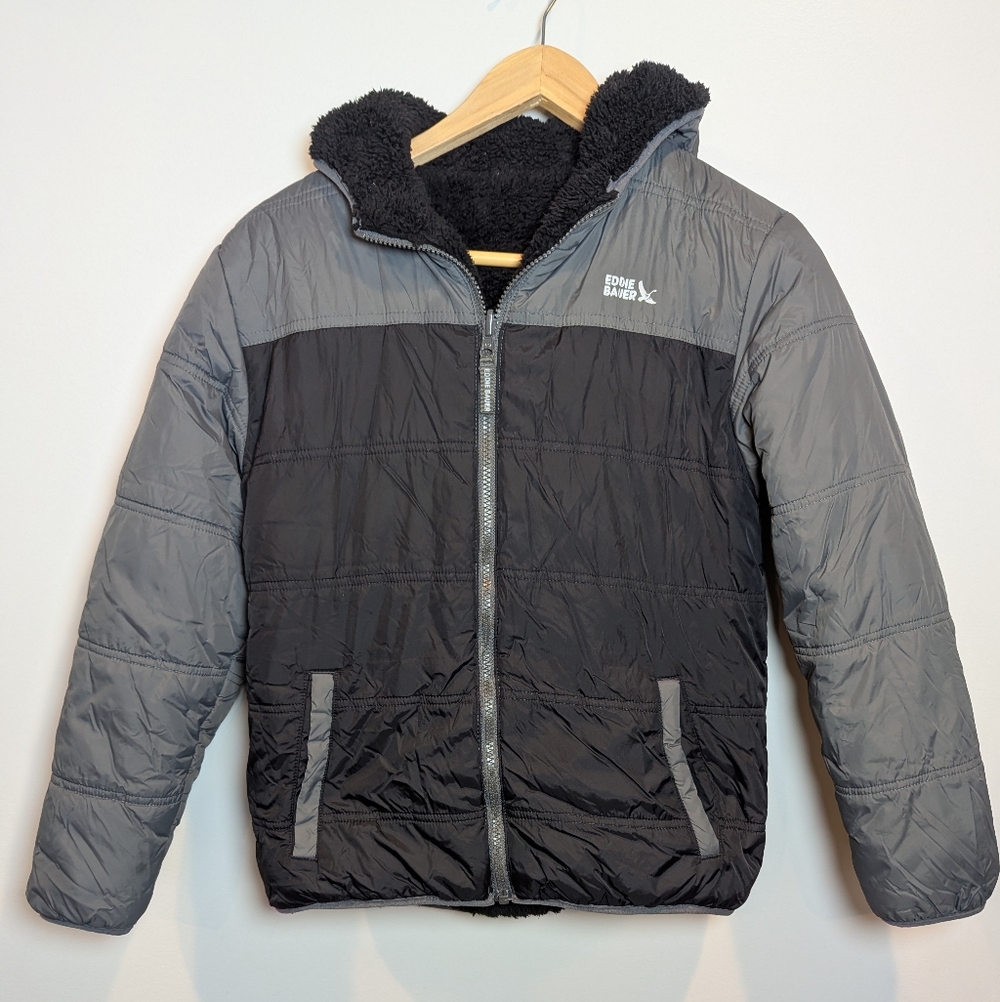 Eddie Bauer Kids Size L Black and Gray Sherpa Puffer Reversible Jacket